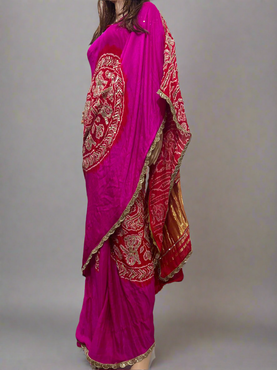 Pink and Coral Gotapati Rasmandal Bandhani on Silk Saree