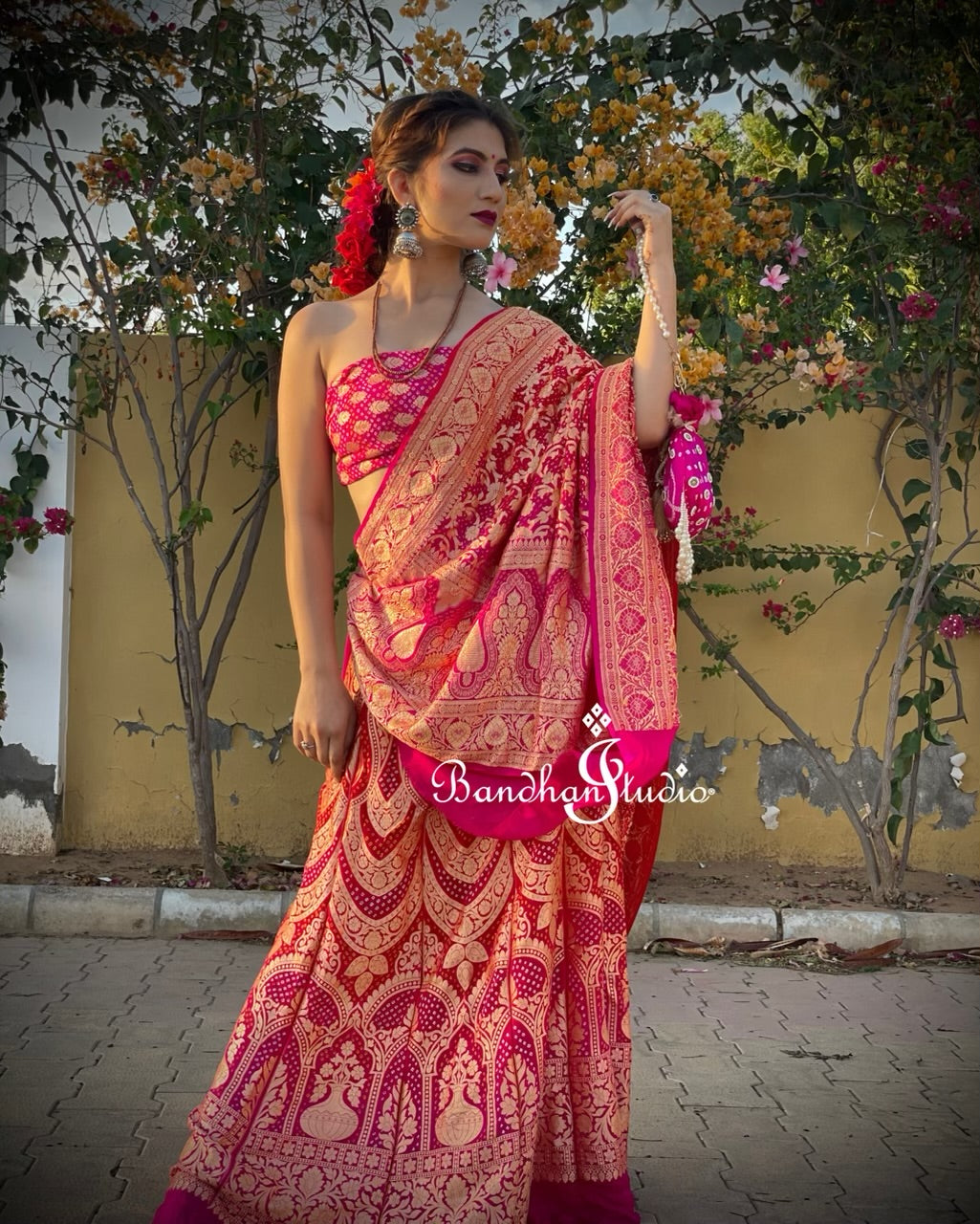 Rani Pink and Coral ombré Bandhani Lehenga set