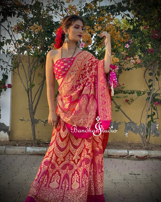 Rani Pink and Coral ombré Bandhani Lehenga set