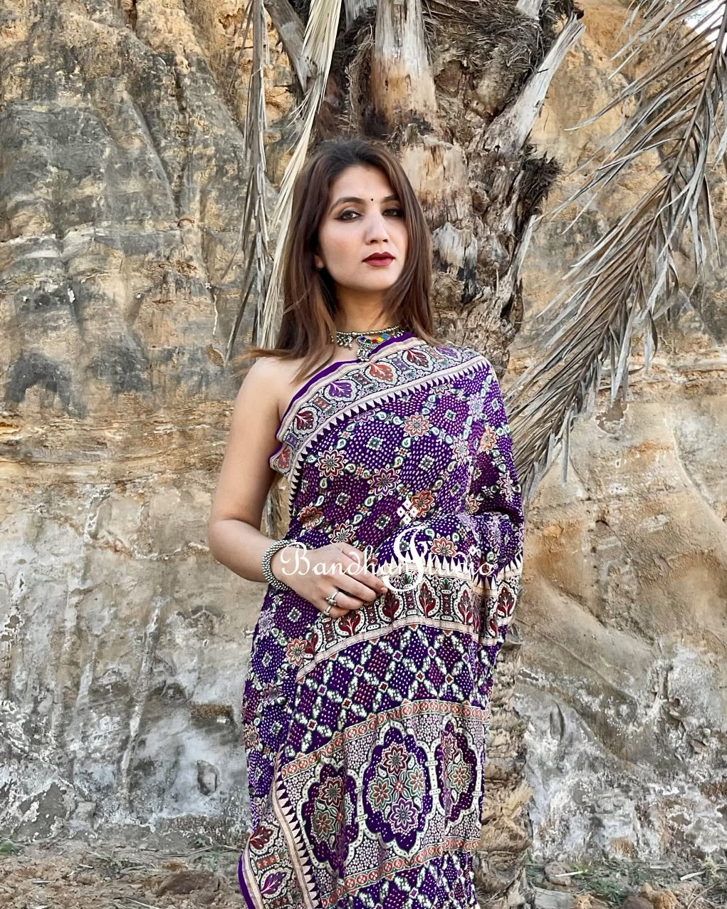 Baigany Purple Ajrakh inspired Weaving Bandhani Saree