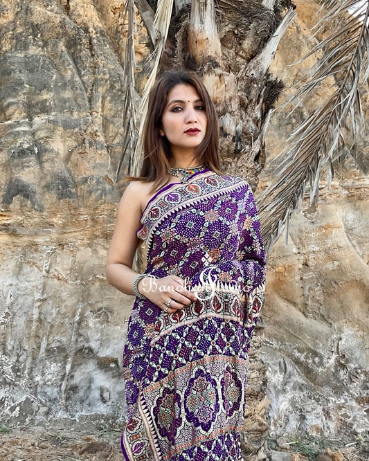 Baigany Purple Ajrakh inspired Weaving Bandhani Saree