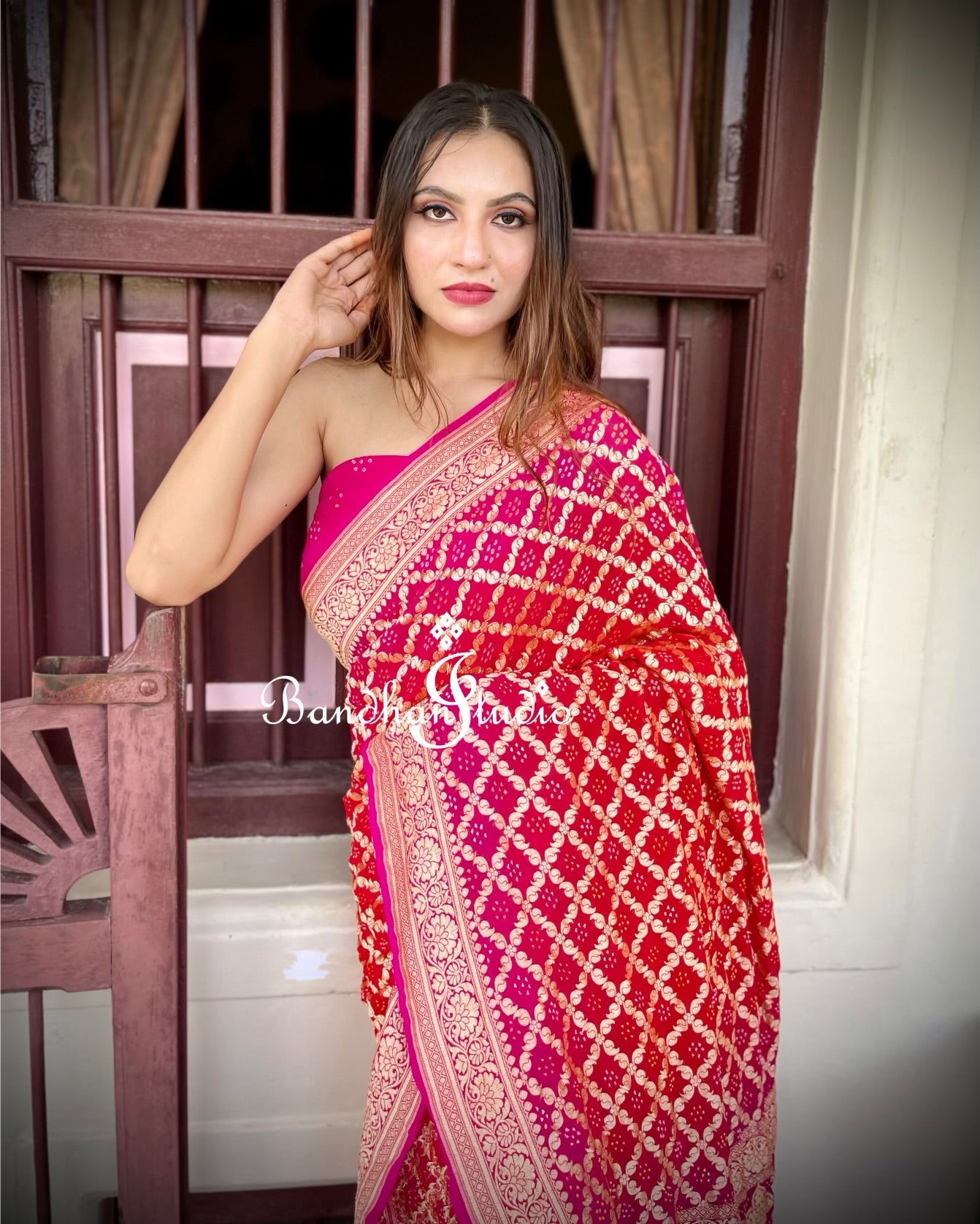 Hot pink and Coral ombré Bandhani handcrafted Saree