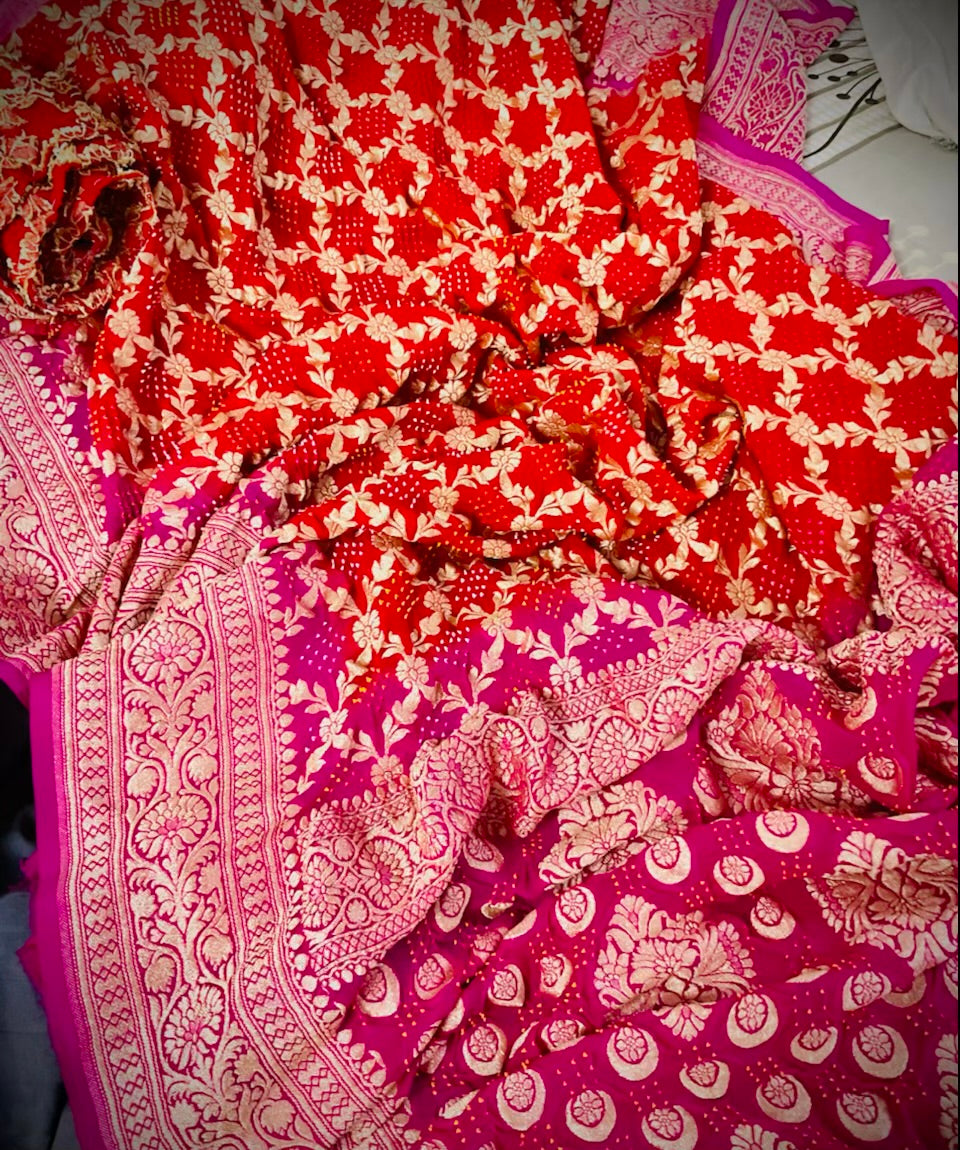 Pink and Coral ombré pure Khadi georgette Banarasi Bandhani Saree