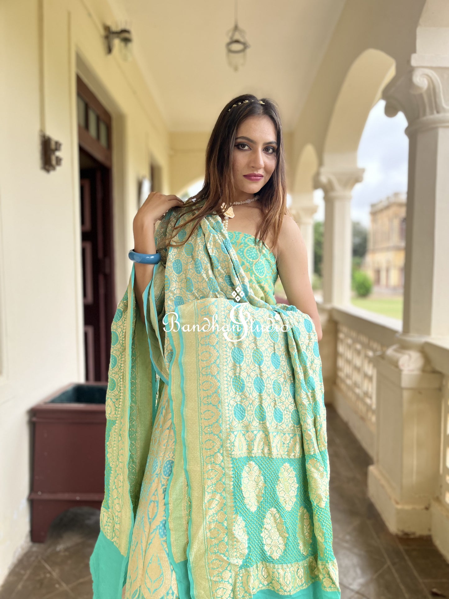 Sea-blue and Green ombré Bandhani Lehenga