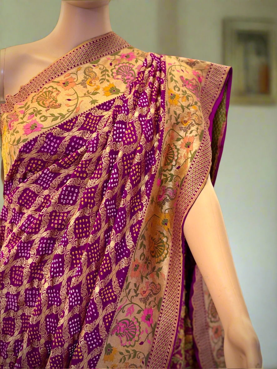 Magenta purple Paithani style Bandhani Sari