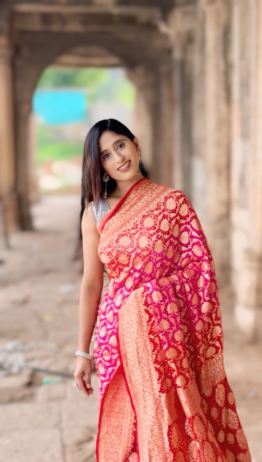 Multicoloured Banarasi Bandhani saree in pure Khadi georgette
