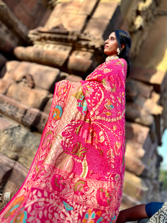 Rose Pink Meenakari Paithani Style Bandhani Upada Sari