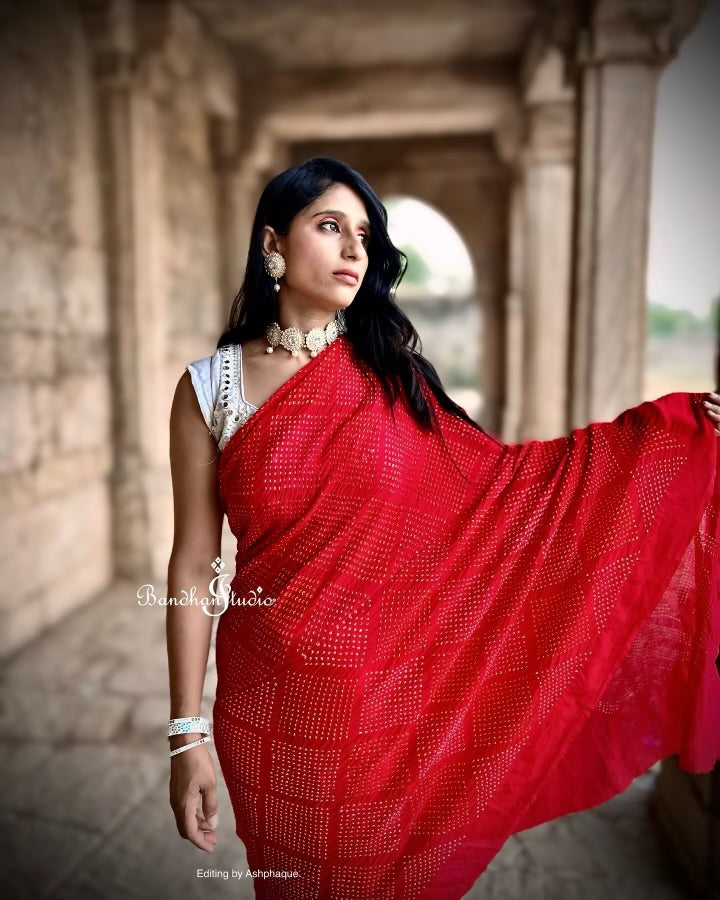 Red Geometric Bandhani on Georgette