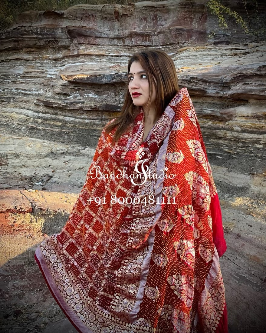 Red Orange ombré Bandhani gharchola Dupatta