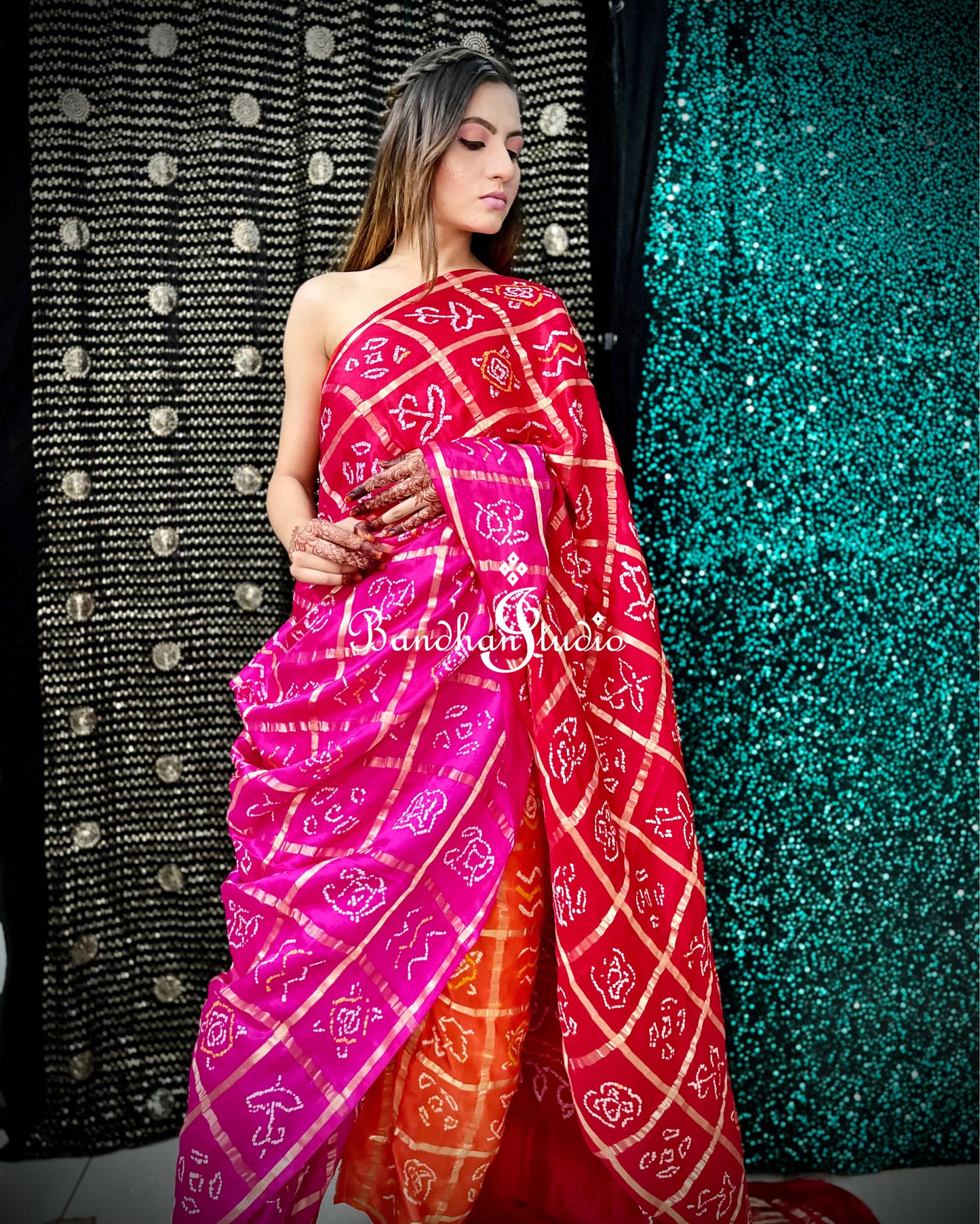 Tricolor Gharchola Bandhani Saree