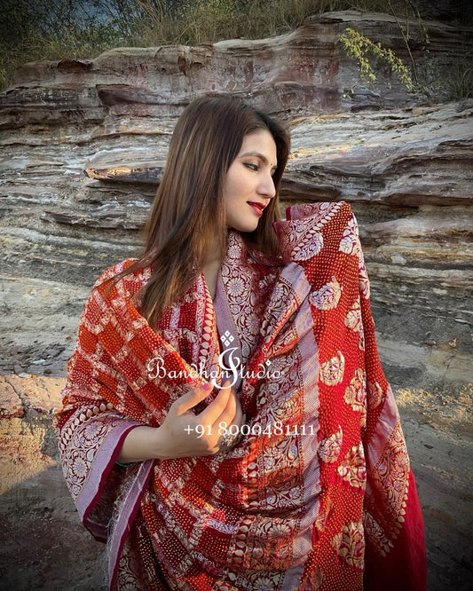Red Orange ombré Bandhani gharchola Dupatta