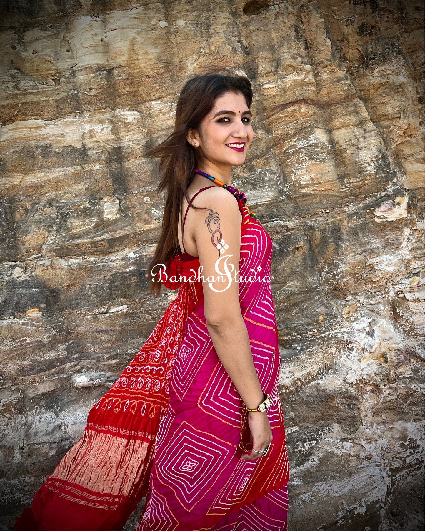 Fuschia-Pink and Coral Ombré Shikari Bandhani Saree