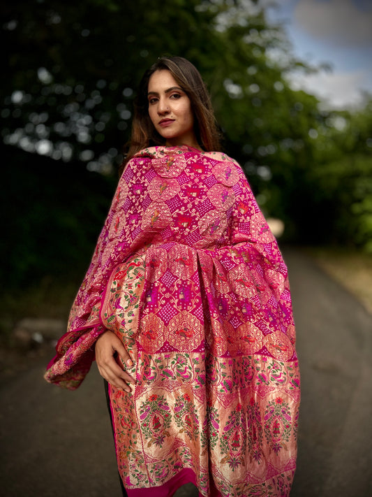Pink Zari Bandhani Shikargah Meenakari Dupatta
