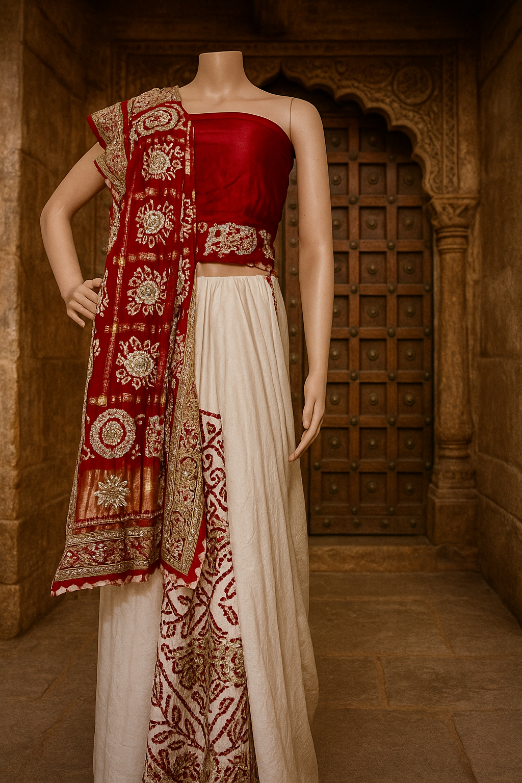 Ras- Mandal Off white to Red pure Ga ji silk 82 grams silk check pallu saree handcrafted with Marodi work.